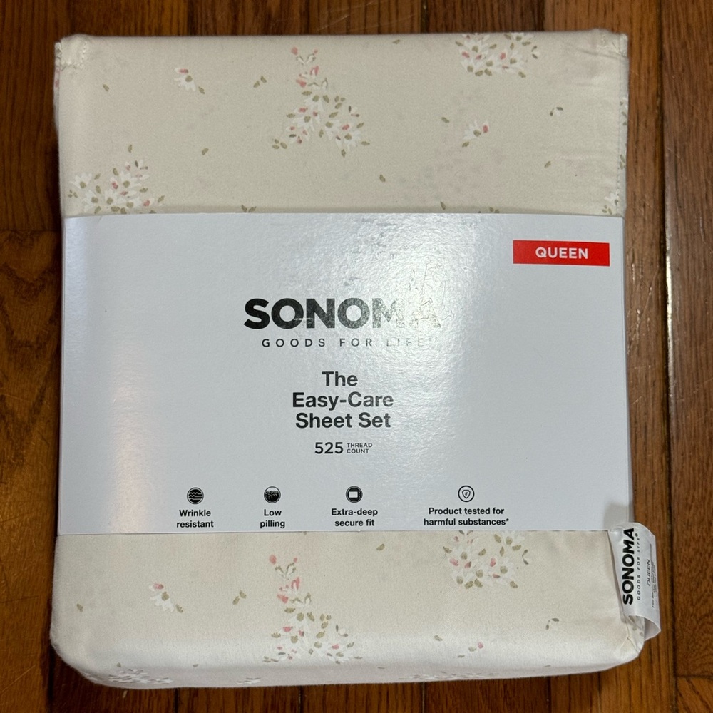 Sonoma QUEEN Easy Care Sheet Set 525 Thread Count Tossed Floral Beige NEW